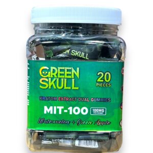 GREEN SKULL MIT-100 KRATOM EXTRACT GUMMIES SINGLE PACK  20CT JAR - GREEN APPLE WATERMELON